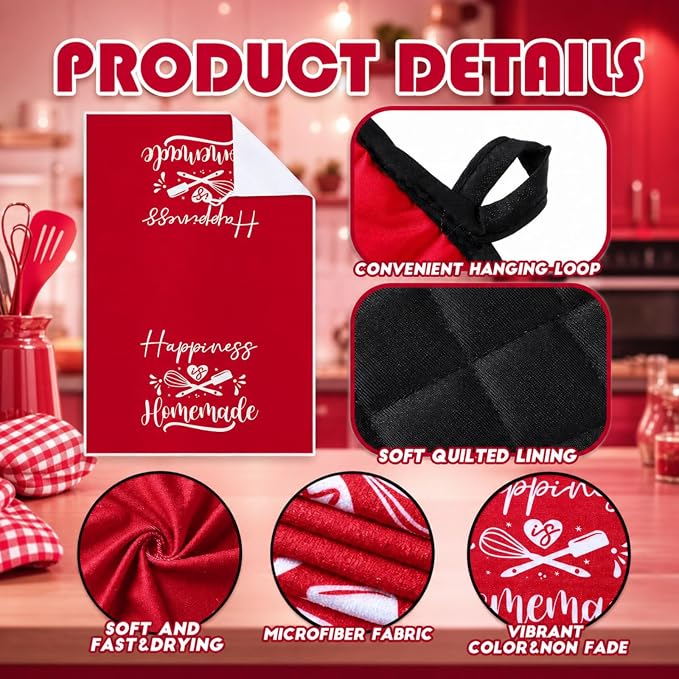 Sratte 6 Pcs Kitchen Decor Accessories Set, Kitchen, Red | Farmhouse Kitchen Towels Pot Holders Oven Mitts Set 2 Dish Towels 2 Potholders 2 Cooking Mittens for Baking Cooking Supply