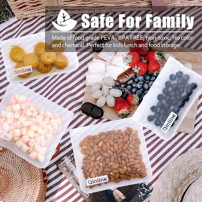 Qinline Reusable Food Storage Bags - 10 Pack Freezer Bags, Reusable Bags , Extra Thick Leakproof Reusable Lunch Bag for Salad Fruit Snack Travel - 2 Gallon 4 Sandwich 4 Snack Bags