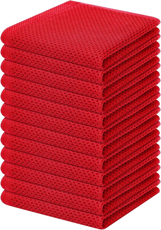 Homaxy 100% Cotton Waffle Weave Kitchen Dish Cloths 12-Pack, Red | 12 x 12 Inches, Ultra Soft Absorbent Dish Towels, Quick Drying Dish Rags with Hanging Loop
