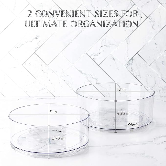 Oizeir Lazy Susan Turntable (2-Pack) - Clear Acrylic, Rotates 360 Degrees, Easily Organize Your Fridge, Cabinet or Counter - Carousel Storage for Food, Spices, Cosmetics | Clear Acrylic, Non-Skid, Raised Edge; Rotating Spice Rack for Kitchen, Pantry, F...