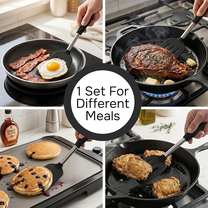 Silicone Spatula Set (2-Pc) - 600°F Heat Resistant, BPA-Free, Non-Scratch, Dishwasher Safe I Slotted & Solid Kitchen Spatula Turner I Ideal for Eggs, Pancakes, Fish I Stainless Steel I Black