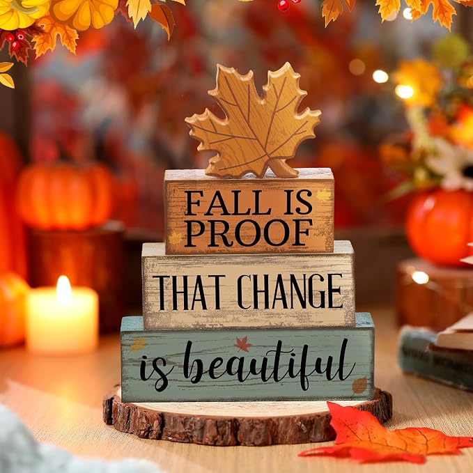 Lineshading 4 Pcs Fall Decoration For Home Wooden Maple Leaf Stacked Decor | Rustic Thanksgiving Table Centerpiece, Tiered Tray Styling, Beautiful Change Quote, Autumn Seasonal Home Accents