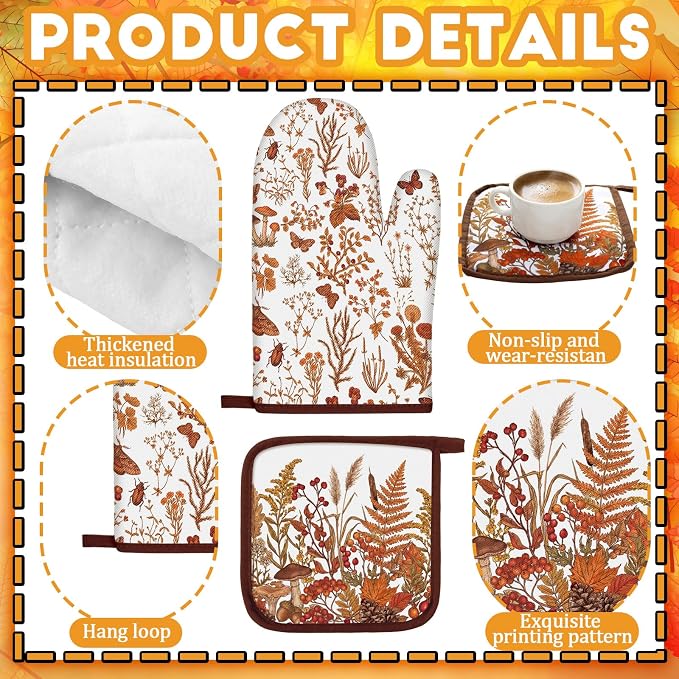 Fourluoo 10 Pcs Fall Floral Kitchen Decor Set Towels Rugs Oven Mitts and Pot Holders Autumn Kitchen Accessories Set for Cooking Baking Grilling Housewarming Gift