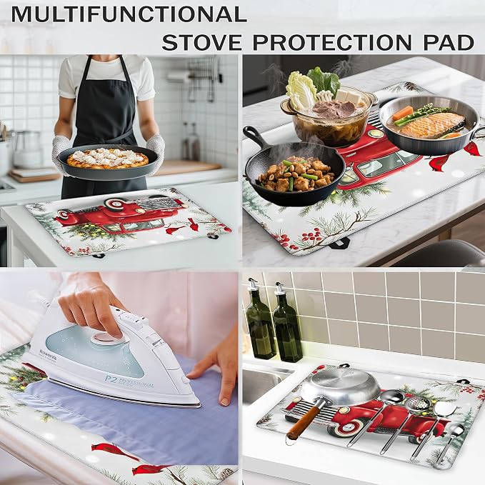 Electric Stove Top Cover,Christmas Truck Stove Cover for Glass Top Electric Stove,Winter Cardinal Bird Heat Resistant Flat Top Stove Mat Countertop Protector, 28 x 20 Inch