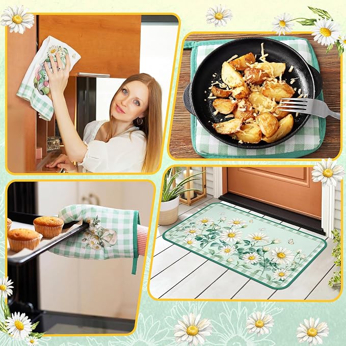 Fourluoo 10 Pcs Daisy Kitchen Decor Set Towels Rugs Oven Mitts and Pot Holders Daisy Kitchen Accessories Set for Cooking Baking Grilling Housewarming Gift