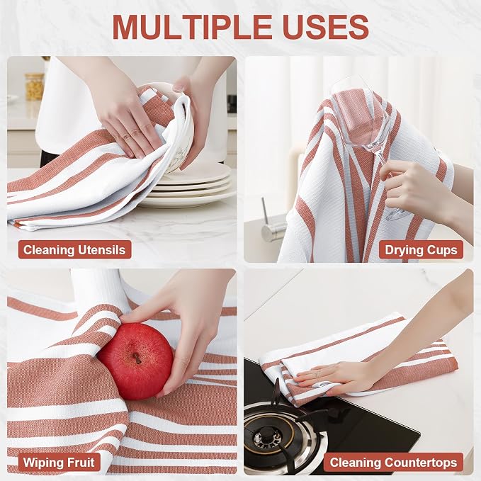 Homaxy Premium Cotton Stripe Kitchen Towels 8 Pack, 18"x 28", Rust | Large 380 GSM Kitchen Hand Towels, Soft Terry Dish Towels, Highly Absorbent Tea Towel Set with Hanging Loop