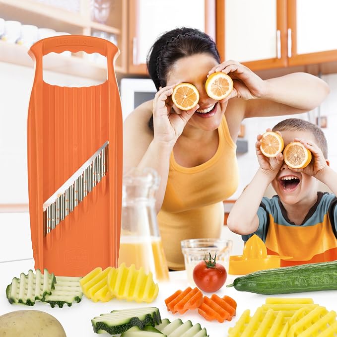 Börner Wave/Gaufrel XXL PowerLine Vegetable Slicer • Corrugated Vegetable Cutter • Corrugated/Waffle Cutter • Potato Grater for Grilled Potatoes Orange