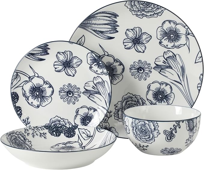 Gibson Home Westerly Court 16-Piece Dinnerware Set, Blue Floral Stoneware Plates & Bowls, Service for 4, Round Durable Everyday Dish Set