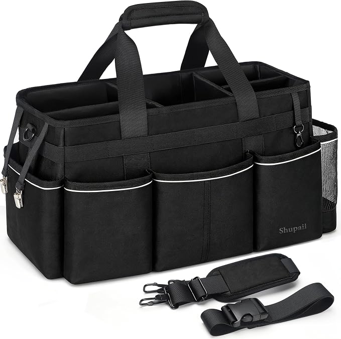 Extra Large Cleaning Caddy Bag with 4 Foldable Dividers, Wearable Cleaning Caddy Organizer with Handle & Shoulder Strap & Waist Strap, Housekeeping Tote for Cleaners, Black