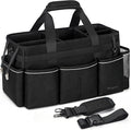 Extra Large Cleaning Caddy Bag with 4 Foldable Dividers, Wearable Cleaning Caddy Organizer with Handle & Shoulder Strap & Waist Strap, Housekeeping Tote for Cleaners, Black