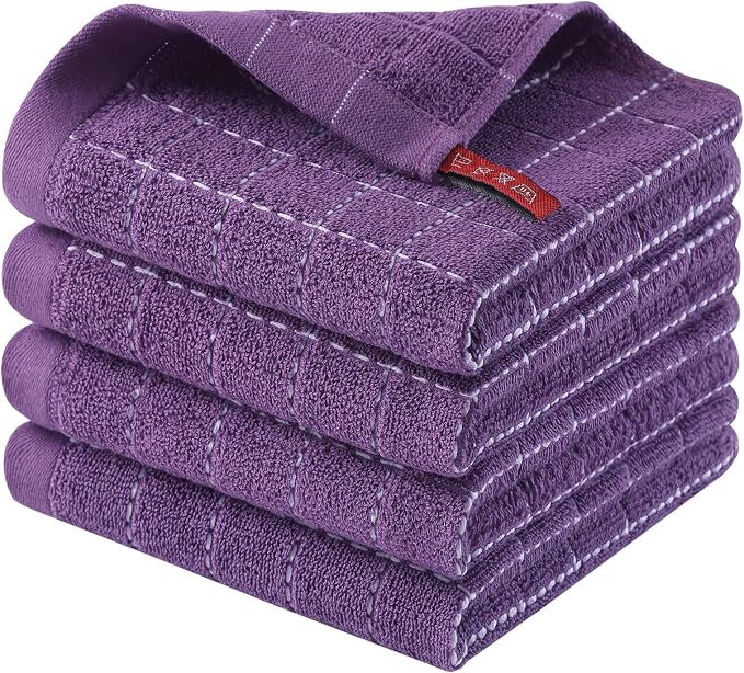 Homaxy 100% Cotton Terry Kitchen Dish Cloths, 4 Pack, Purple | Ultra Soft and Absorbent Dish Towels for Kitchen, Suitable for Drying and Washing Dishes