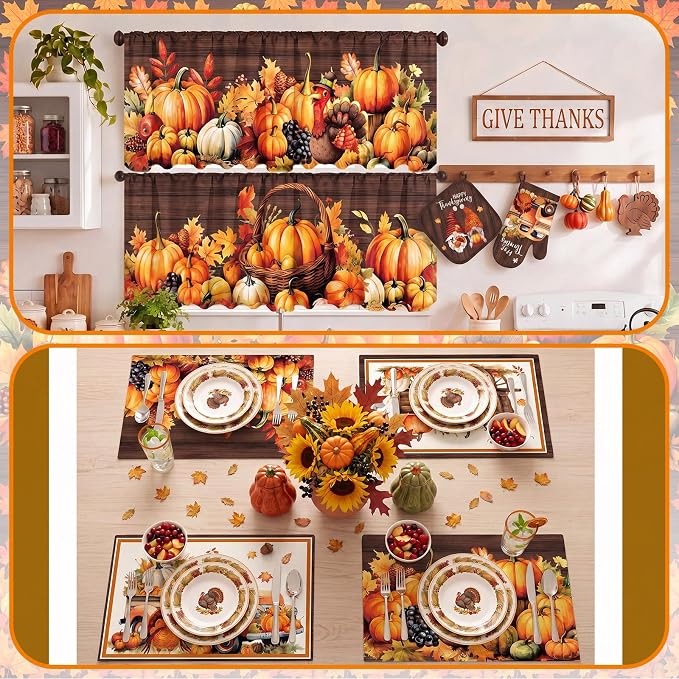 Fourluoo 16 Pcs Thanksgiving Kitchen Decor Set, Pumpkin Kitchen Towels and Dishcloths Give Thanks Non Slip Rugs Mats for Floor Oven Mitts and Pot Holders Curtains Set for Home Decoration