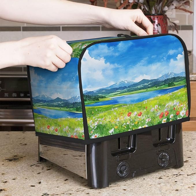 2 Slice Toaster Cover Flower Field Blue Sky Dust Proof Washable Kitchen Appliance Cover with Pocket, Oxford Fabric Countertop Toaster Protector for Standard Toasters Small Appliances