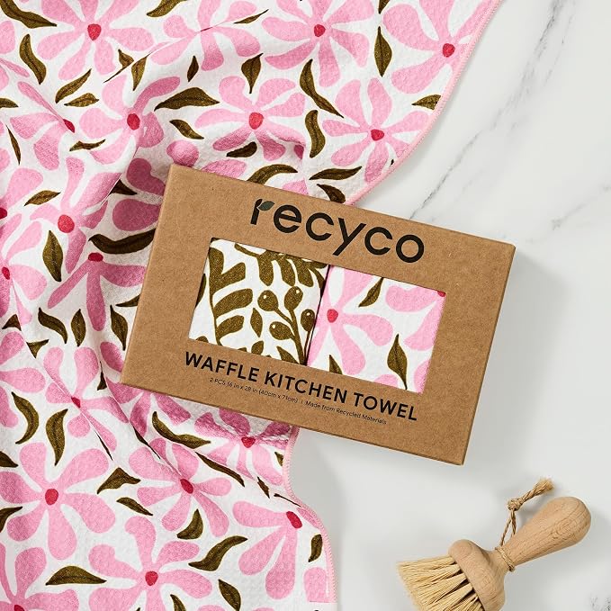 RECYCO Waffle Kitchen Towel Set of 2 - Quick Dry Microfiber Sustainable Dish Towels - Ultra Absorbent Reusable Cleaning Tea Towels - Lightweight Hand Towels,16”x 28”, Petal & Leaf