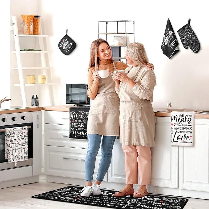 Fourluoo 10 Pcs Black and White Kitchen Decor Farmhouse Oven Mitts and Pot Holders Sets Vintage Kitchen Dish Towels Rustic Pattern Oven Mitts for Home Decorations Baking Cooking