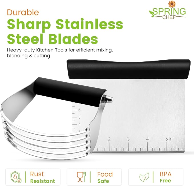 Spring Chef Stainless Steel Dough Blender & Bench Scraper Set, Black | Sturdy Pastry Cutter & Blender for Baking with Non Slip Handle, Dough Cutter & Scraper Tool for Pie, Pizza, Sourdough, Bread