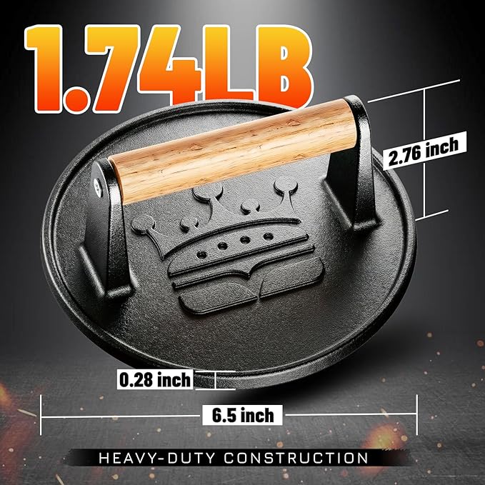 Smash Burger Press 6.5",Cast Iron Flat Round Burger Smasher, Gift | 2lb Heavy-Duty Grill Bacon Meat Press with Wood Handle,Nonstick hamburger Smasher for griddle accessories,BBQs and Tailgates