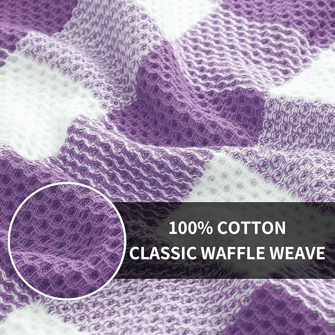 Homaxy Kitchen Towels and Dishcloths Set, Set of 8, White & Purple | Bulk Cotton Waffle Weave Check Plaid Kitchen Towels, Super Soft and Absorbent Dish Cloths, 12 x 12 and 13 x 28 Inches