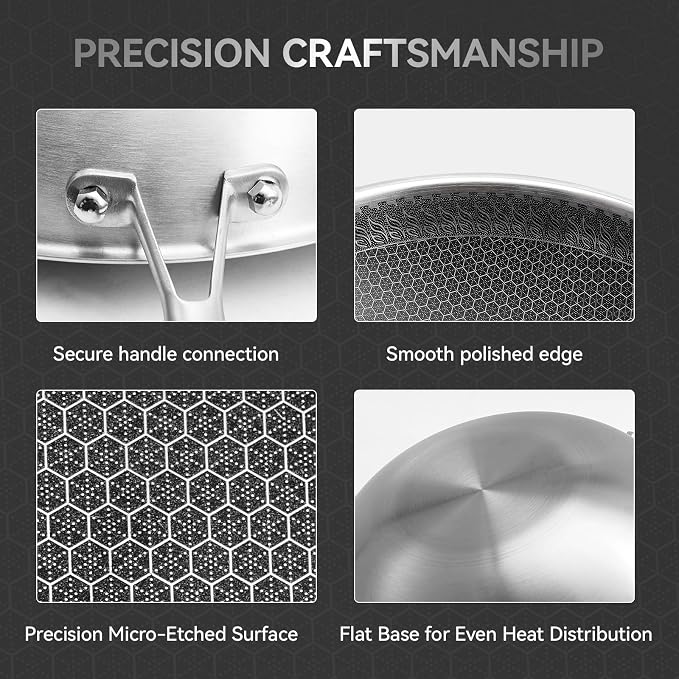 12.2 Inch Stainless Steel Honeycomb Wok Pan with Glass Lid, 3-Ply 18/10 Stainless Steel Stir Fry Pan, Flat Bottom Wok for Induction, Gas, Electric and Glass Stoves, 4.2 QT