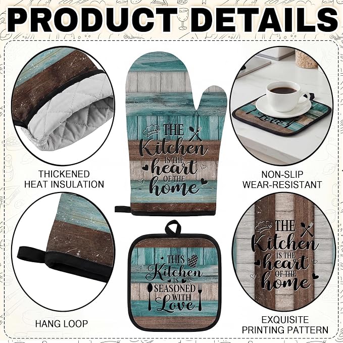 10 Pcs Kitchen Decor and Accessories Set, Turquoise Teal | 4 Dish Towels Kitchen Rugs 2 Oven Mitts 2 Pot Holders, Home Decor for Cooking Baking BBQ Gifts Women Mom Housewarming