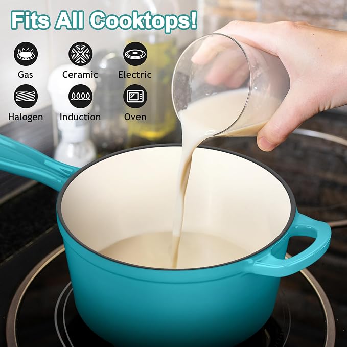 2 Quart Saucepan with Lid, Leonyo Enameled Cast Iron Sauce Pan, Cast Iron Pot and Pan Dutch Oven Induction Cookware for All Cooktops Cooking Soup, Milk, Paste- Up to 500°F & 6.7Lbs, Lake Green