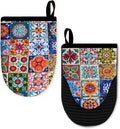 Ribbed Mini Oven Mitts 2-Pack Set, 5.5"x8.5", Boho Printed, Heavy Duty Cotton, Non-Slip Heat Resistant Soft Silicone Oven Mitts with Hanging Loop for Cooking Kitchen Decor