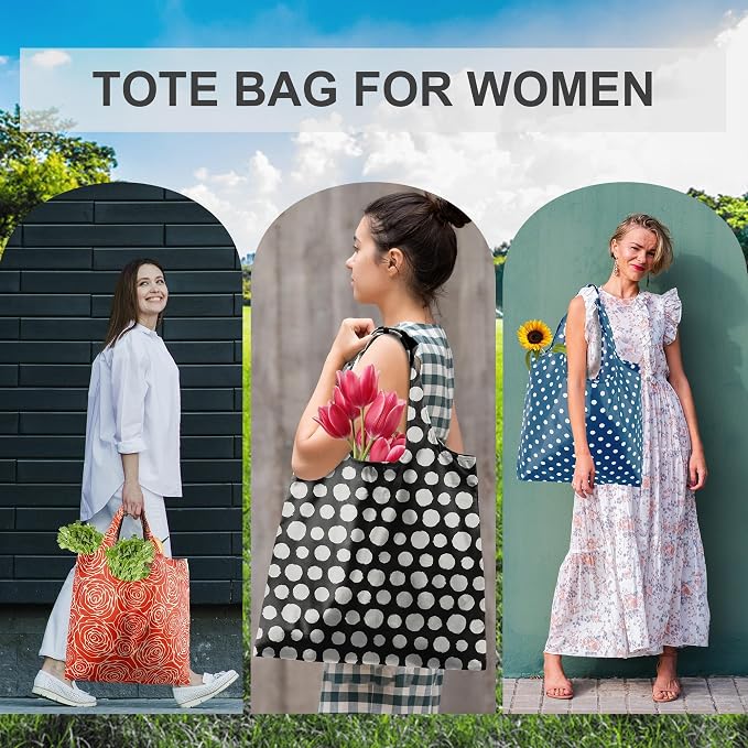 BeeGreen Geometry Reusable Shopping Bags Cute Grocery Bag 6 Pack, Christmas Gift Bags Heavy-Duty Foldable Shopping Totes for Supermarket, Work & Travel, Large Washable Polyester Tote Bag with Handles
