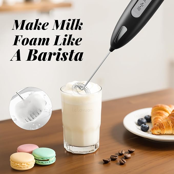 Electric Milk Frother, Three speed adjustment, USB Rechargeable Cordless Hand Blender with Sticky Stand Included, Portable Kitchen Stainless Steel Egg Beater, Mixed Drinks, Coffee Stirrers (Black set)