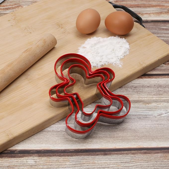 Gingerbread Man Cookie Cutters 3PCS, Stainless Steel Christmas Cookie Cutter Tools with Red Environmental PVC, Gingerbread Boy Shape Moulds Set for Baking