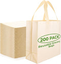 Simply Cool 200 Pack Reusable Grocery Bags, Medium Tote Bags Bulk, Cream | 12.6"x6.3"x11.8" Heavy Duty Non-woven Custom Shopping Bags with Handles, Foldable, Washable for Retail and Commercial use