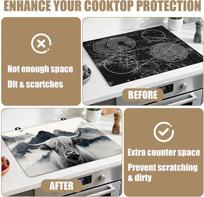 Highland Cow Mountain Stove Top Covers for Electric Stove, Electric Gas Stove Pad Heat Resistant Range Cooktop Protector for Home Decor Kitchen 28"x20"