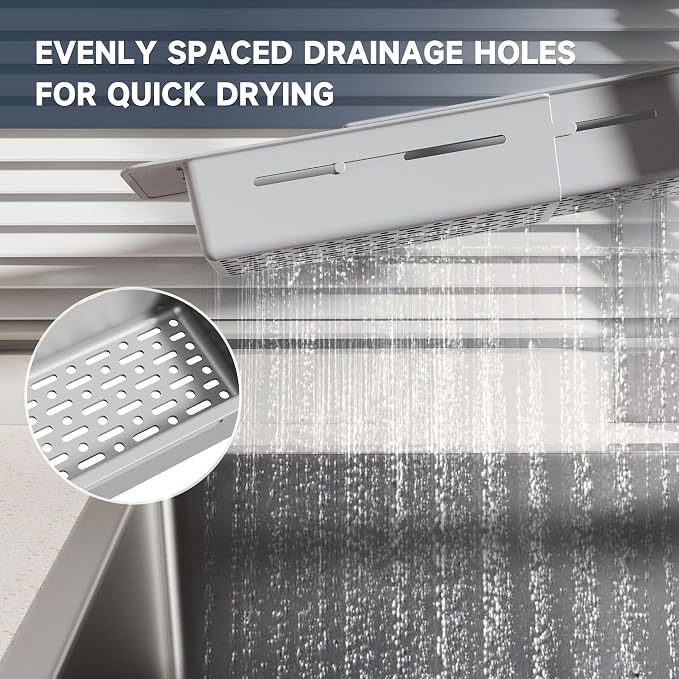 NiHome Extendable Kitchen Sink Caddy Extra Long Brush Sponge Storage Holder | Expandable Kitchen In Sink Organizer Extra Long for Brush & Sponge with Drainage, Adjustable Length, Non-Slip Pads (Gray)