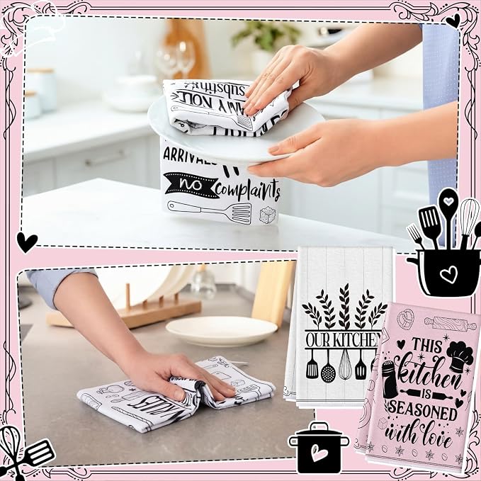 4 Pcs Funny Pink Kitchen Towels Absorbent Hand Tea Dishcloths | This Kitchen Is Seasoned with Love Decorative Dish Towels with Hanging Loop for Home Housewarming Gift Decor Accessories