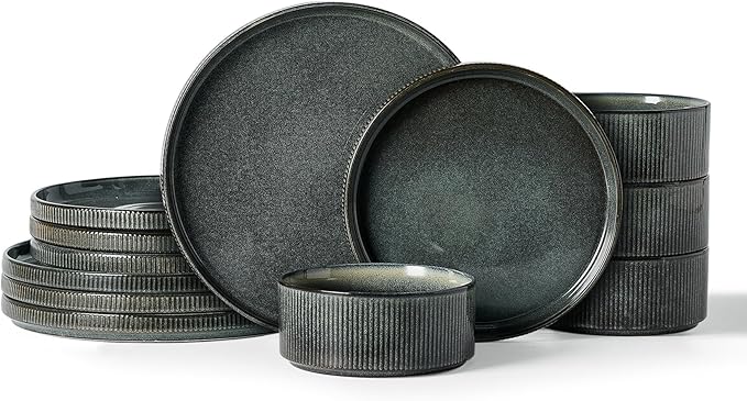 Famiware Star Stoneware Dinnerware Set, Reactive Glaze Plates & Bowls for 4 | 12-Piece Handmade Ribbed Dishes, Chip & Scratch Resistant Ceramic. Microwave & Dishwasher Safe, Rustic Modern, Deep Forest