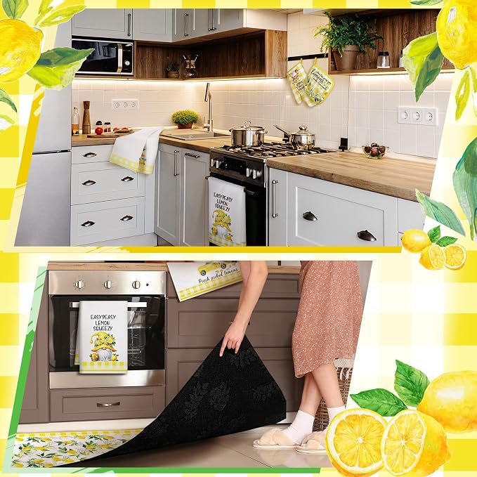 Fourluoo 10 Pcs Lemon Kitchen Decor Set Kitchen Towels and Rugs Oven Mitts and Pot Holders Set for Women Mom Gift Cooking Baking Grilling