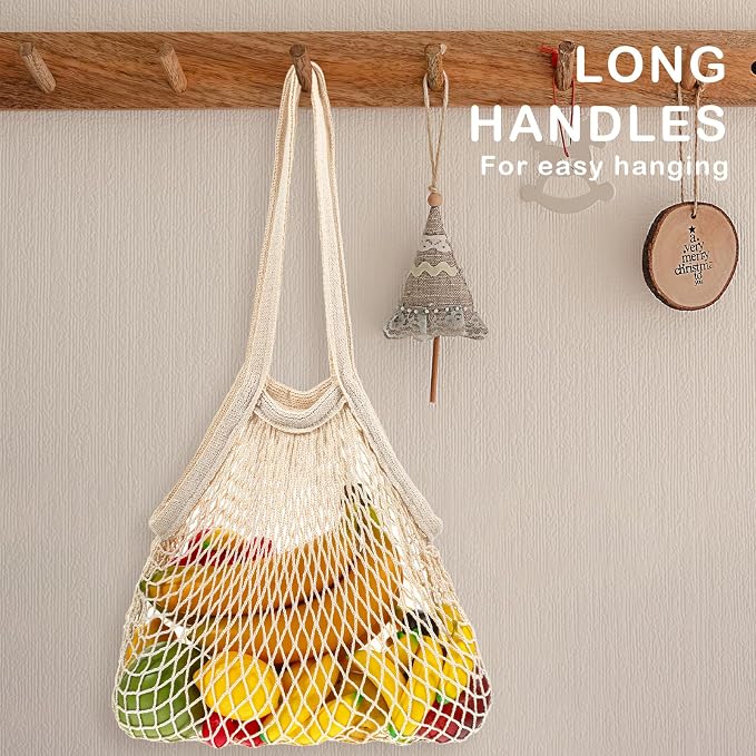 Lemecima 12 Pcs Reusable Cotton Mesh Produce Shopping Bags Washable Grocery Net Portable Fruit and Vegetable Cotton String Bags Long Handle Net Tote Organizer(Long Handle)