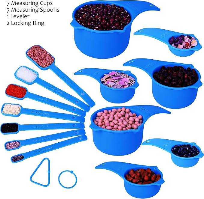 Plastic Measuring Cups and Spoons Set 15, Blue Dry & Liquid Measuring Cups and Spoons, Metric & US 7 Measure Cups & 7 Measure Spoons for Kitchen & Baking