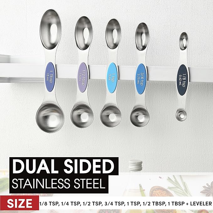 Spring Chef Stainless Steel 8 Magnetic Measuring Spoons Set, Winter Frost | Dual Sided Metal Teaspoon & Tablespoon Measuring Spoons with Leveler for Dry & Liquid Ingredients, Fits in Kitchen Spice Jars