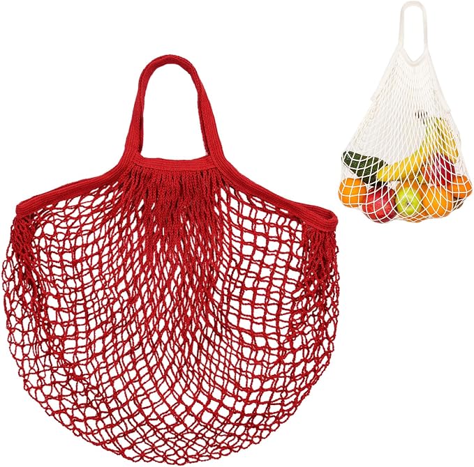 M METERXITY 1-Pack Cotton Mesh Bag, Reusable Washable Mesh Net String Grocery Bags, Reusable Produce Bags with Handle, Net Tote Bag for Fruits/Vegetables Shopping [Red, Short Handle]