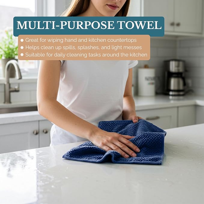 Casa Platino Kitchen Towel Set 8 Pc 4 Dish Cloths (13"x13") & 4 Kitchen Towels (16"x26") - Absorbent, Quick Dry, Soft, Durable Dish Rags With Hanging Loop for Wiping Surfaces & Drying Dishes - Blue.
