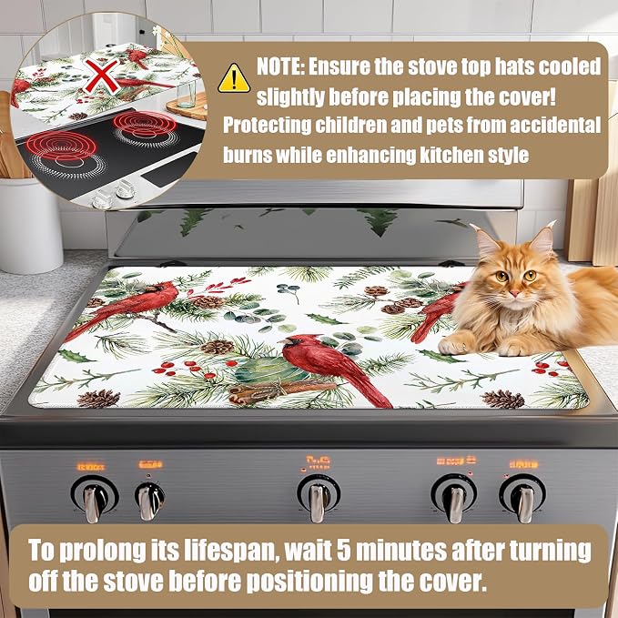 Red Cardinal Stove Top Covers for Electric Stove, Berry Bird Electric Gas Stove Pad Heat Resistant Range Cooktop Protector for Home Decor Kitchen 28"x20"