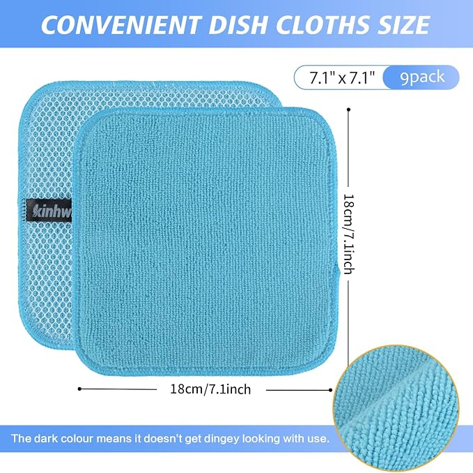Dish Cloths for Washing Dishes with Scrub Side, Microfiber Dish Rags | Dual-sided microfiber dish cloths with scrubber for stuck-on food, quick dry kitchen washcloths 9 Pack, 7 Inch Mixing colors