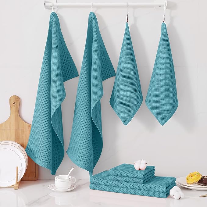 Homaxy 8 Pack 100% Cotton Kitchen Towels and Dishcloths Set, Lake Blue | 12 x 12 Inches and 13 x 28 Inches Kitchen Towels Set, Ultra Soft Absorbent Dish Cloths for Washing Dishes