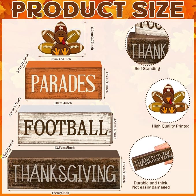 Lineshading 4 Pcs Thanksgiving Football Block Signs Wooden Farmhouse Decor | Rustic Turkey Design, Tiered Tray Decor, Tabletop Centerpiece, Seasonal Display, Gift for Fall Football Gatherings