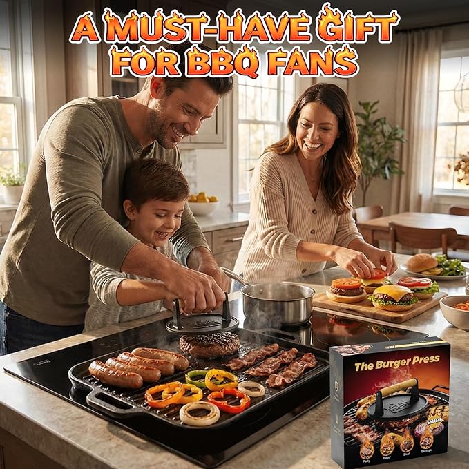 Smash Burger Press 6.5",Cast Iron Flat Round Burger Smasher, Gift | 2lb Heavy-Duty Grill Bacon Meat Press with Wood Handle,Nonstick hamburger Smasher for griddle accessories,BBQs and Tailgates