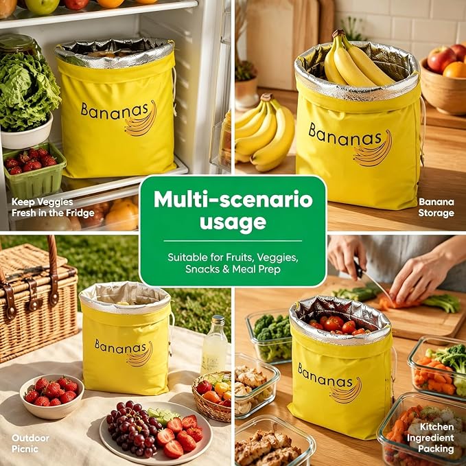 2 Pcs Banana Storage Bag with Aluminum Lining, Quick Seal Drawstring Pouches 13.7x11" for Banana & Lettuce, Reusable Produce Saver Pouches Slow Ripening for Fridge, Home Storage