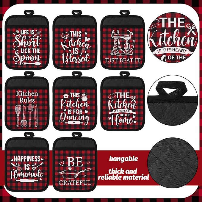Bencailor 8 Pcs Red Buffalo Plaid Pot Holders with Pocket Red Heart Sign Potholder Heat Resistant Hot Pads Oven Mitt for Kitchen Home Anniversary Decorations Baking Cooking Gift