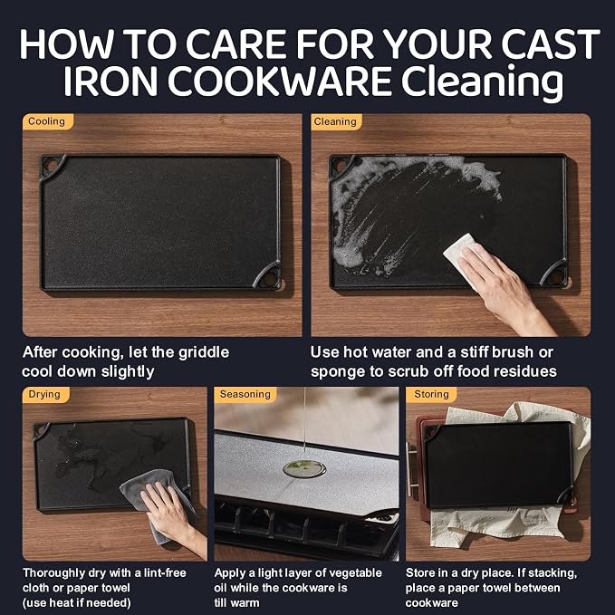 EWFEN Reversible Grill/Griddle, 16.7x9.5'' Pre-Seasoned Cast Iron Griddle Pan, Double Burner Cookware, Rectangular Stovetop Griddle with Handles, Flat Top Plate for Oven, Grill & Campfire