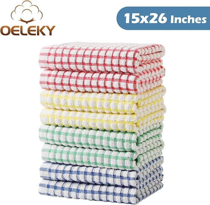 Cotton Kitchen Towels 8 Pack, 15x26 Checkered Dish Towels | Highly absorbent terry cloth towels for drying dishes, wiping spills, and kitchen cleaning. Machine washable and quick dry