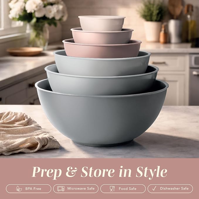 COOK WITH COLOR Mixing Bowls with TPR Lids - 12 Piece Plastic Nesting Bowls Set includes 6 Prep Bowls and 6 Lids, Microwave Safe Mixing Bowl Set (Pink Ombre)